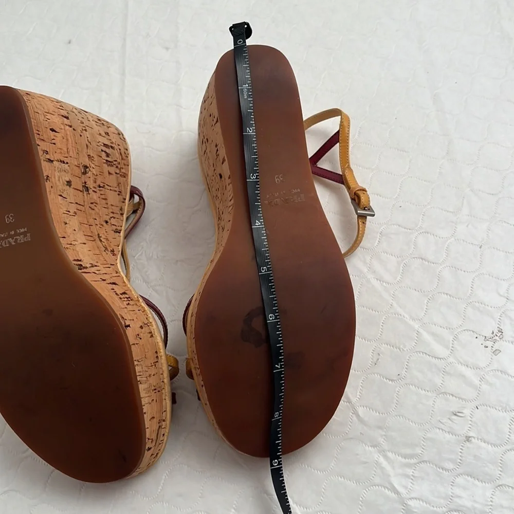 Prada tan and burgundy patent leather strappy cork platform wedge sandals